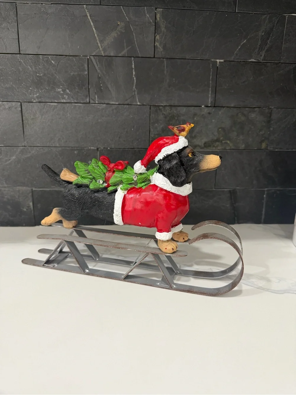 Festive Dachshund Santa Sleigh Figurine - Red